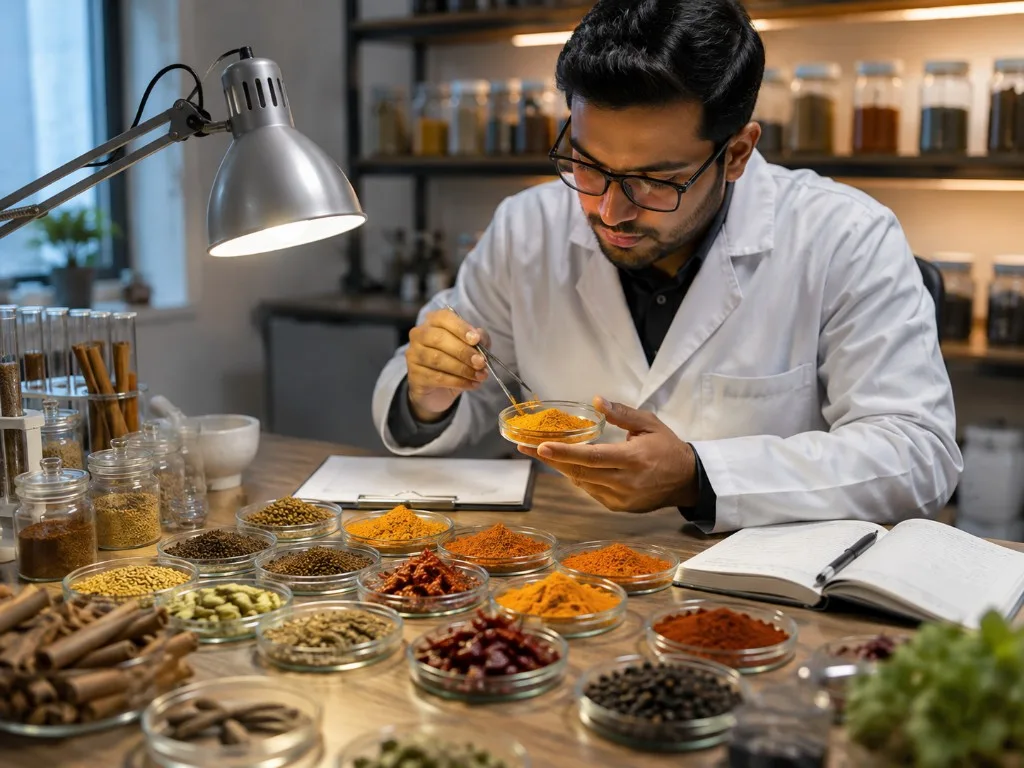 Research specialist evaluating spice samples in a quality laboratory