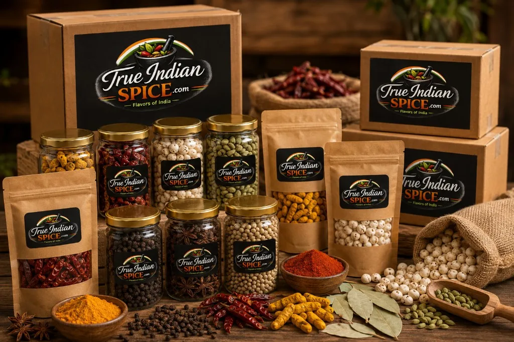 True Indian Spice packaged spices in jars, pouches and export cartons