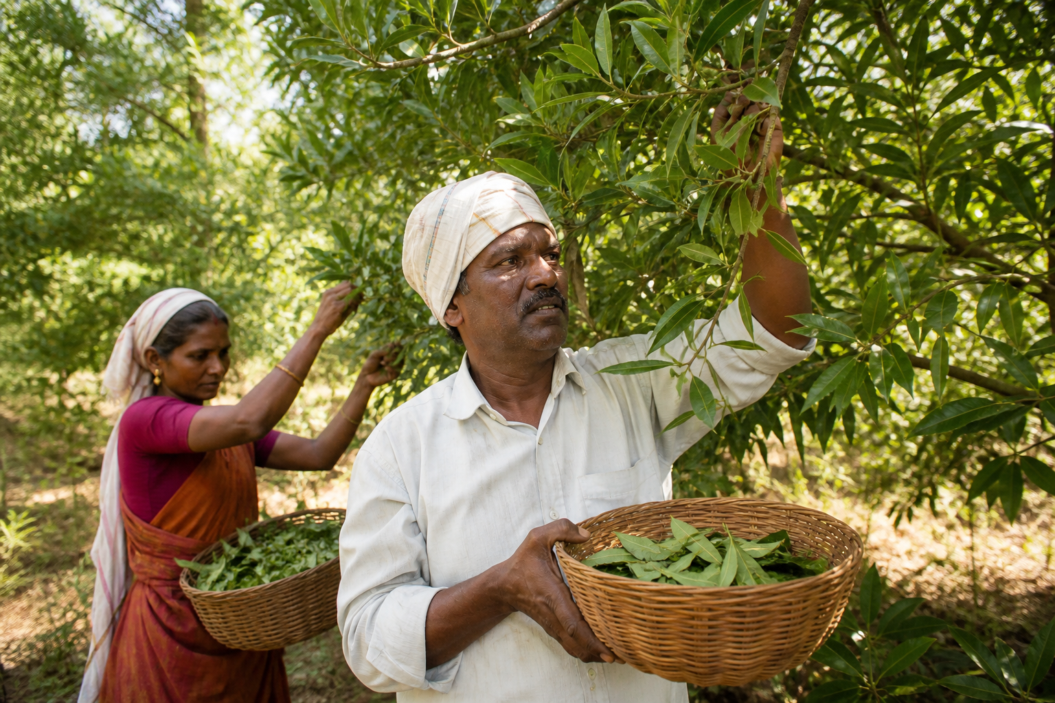 Hand harvesting of Indian Bay Leaf Tej Patta from Cinnamomum tamala trees
