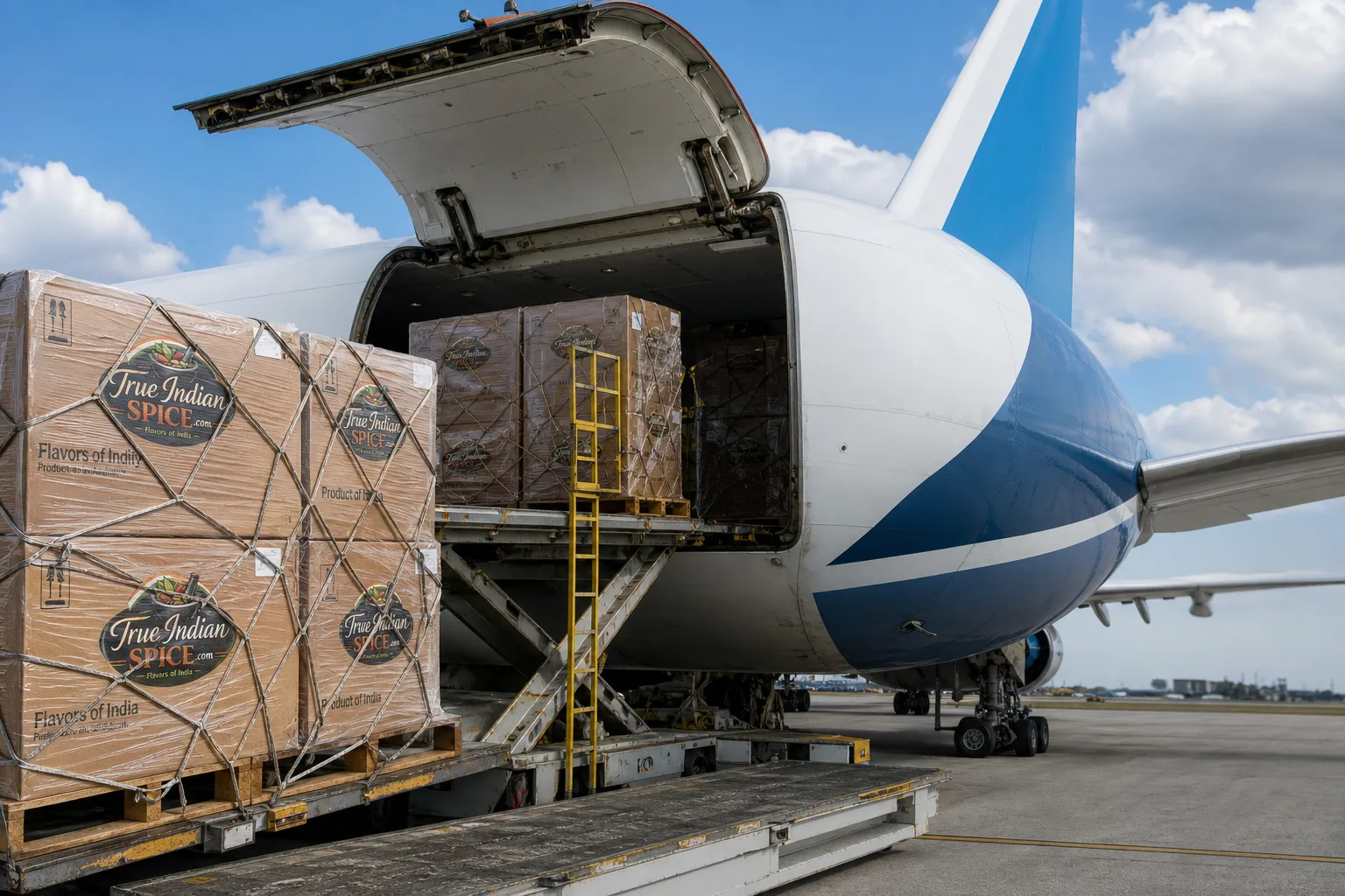 Air freight pallets of Indian spices prepared for urgent international export delivery