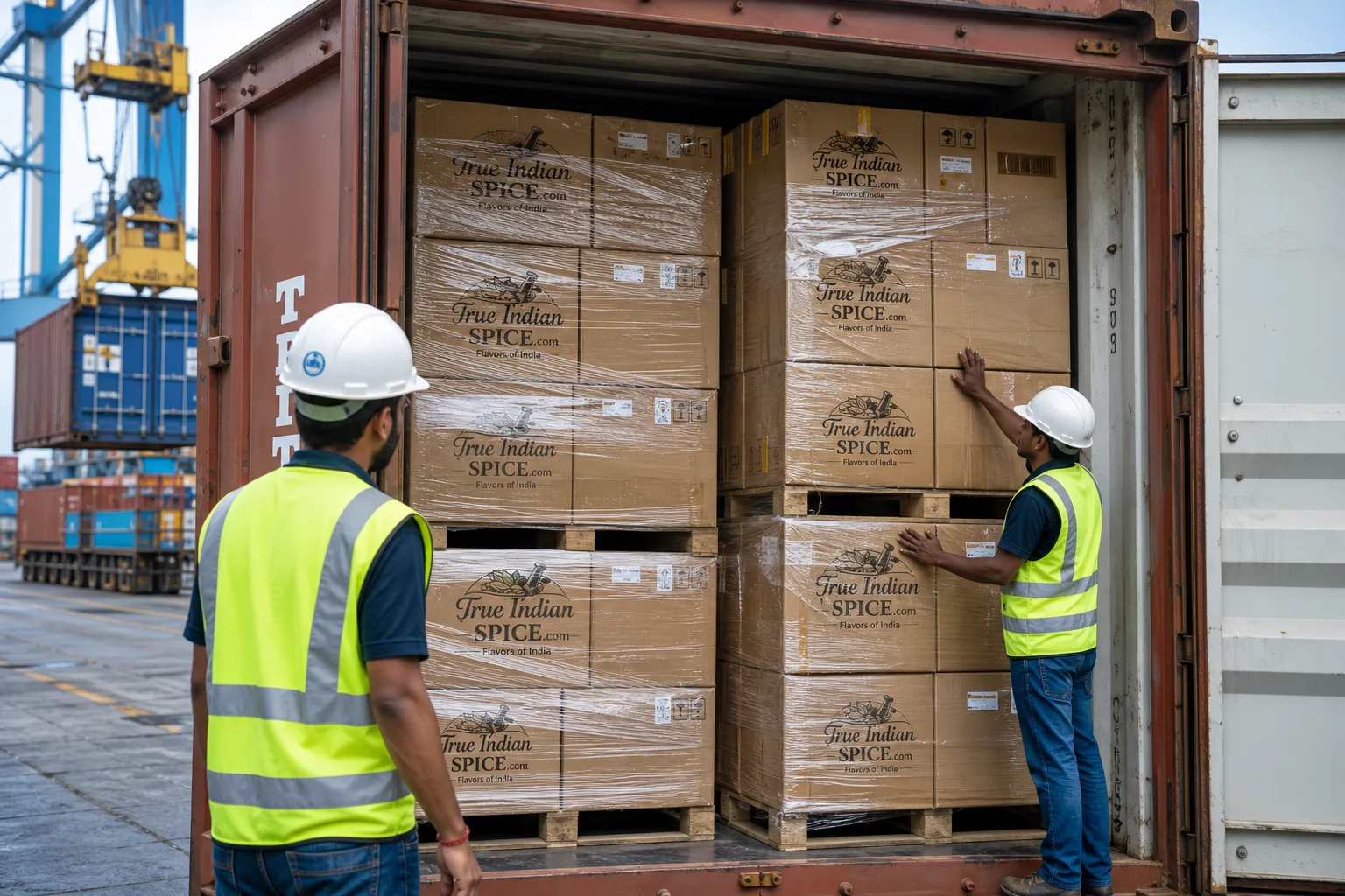 Container loading of Indian spice export cartons supervised at port dispatch