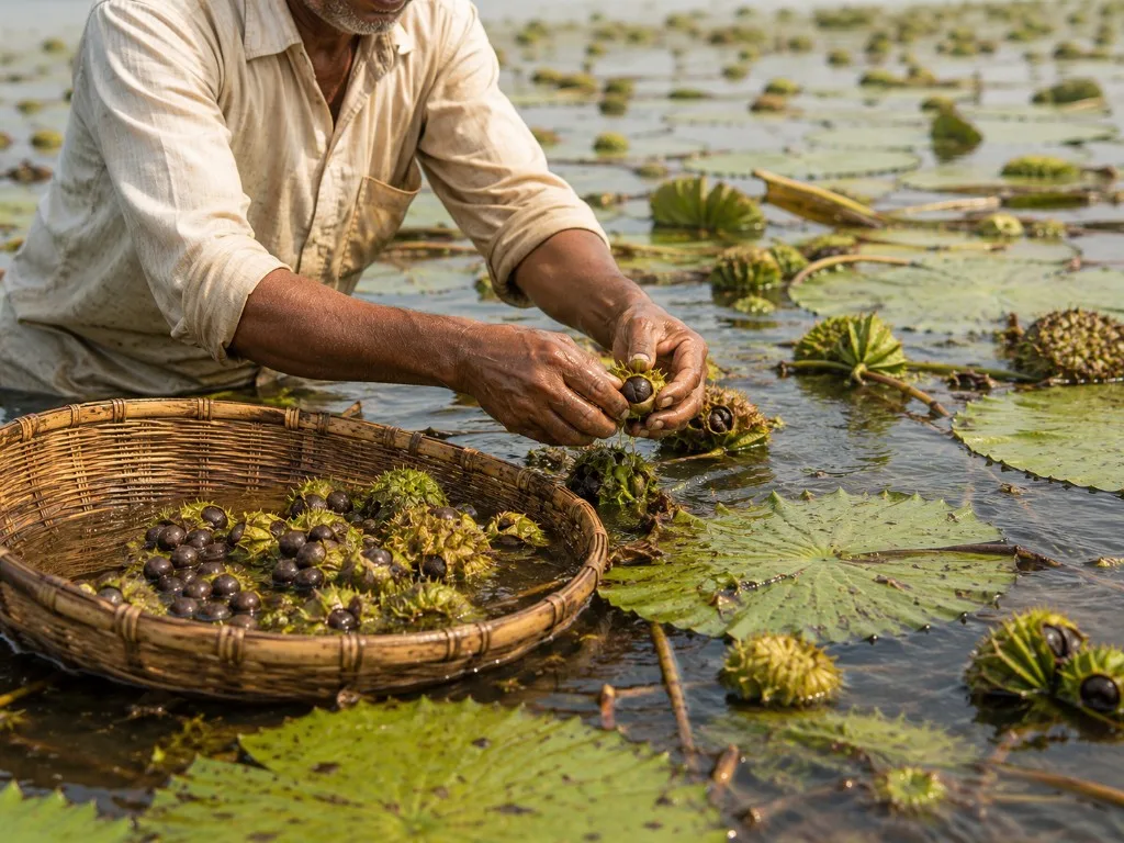Manual harvesting of makhana pods from Indian ponds