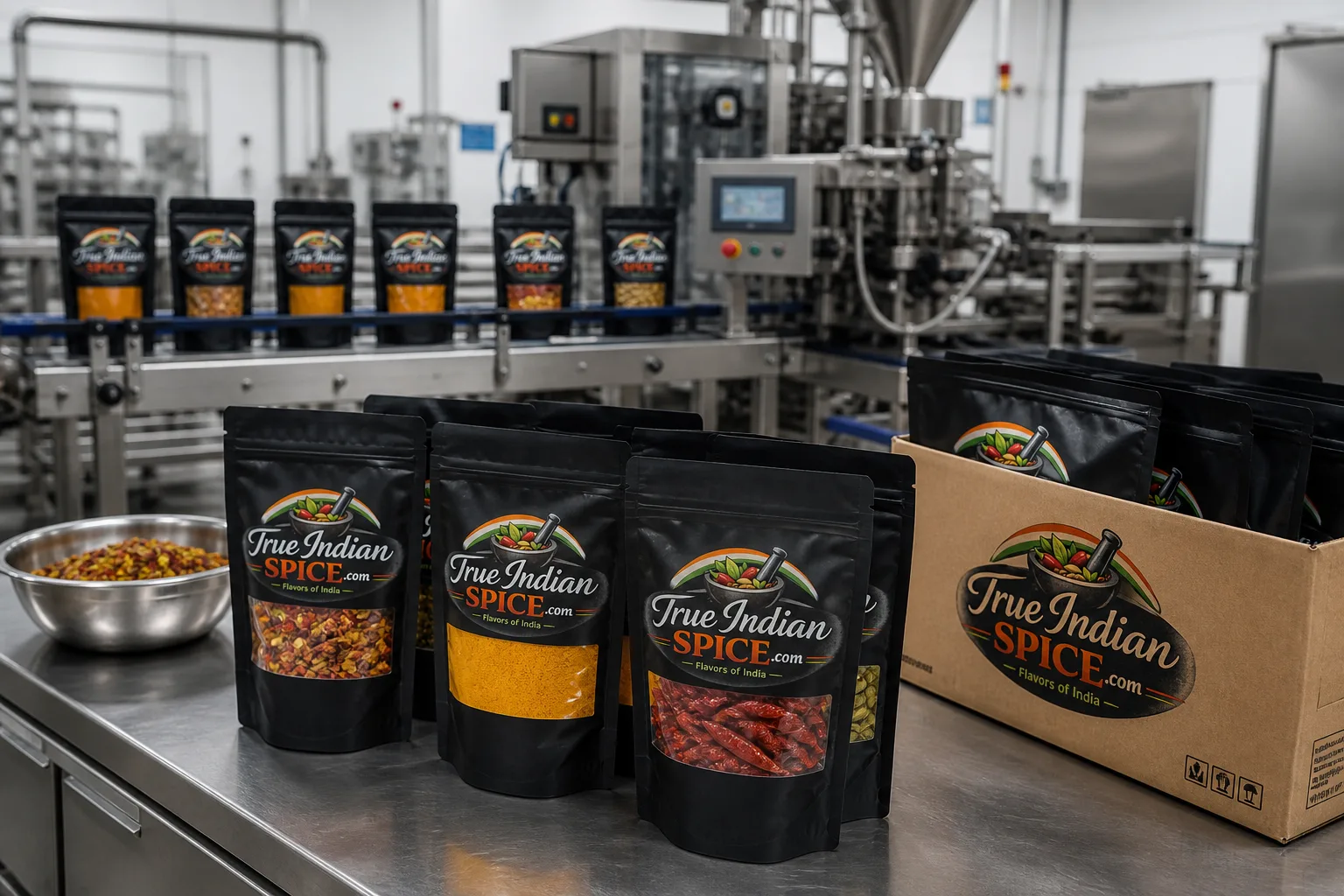 OEM spice packaging line preparing sealed food-grade export packs
