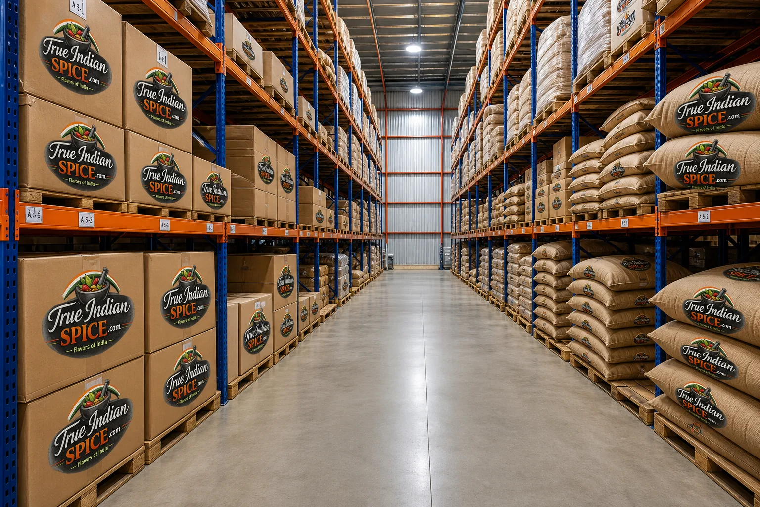Palletized bulk spice packs staged in dry warehouse before container loading