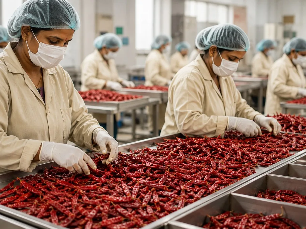Red Chilli cleaning, sorting and grading for export