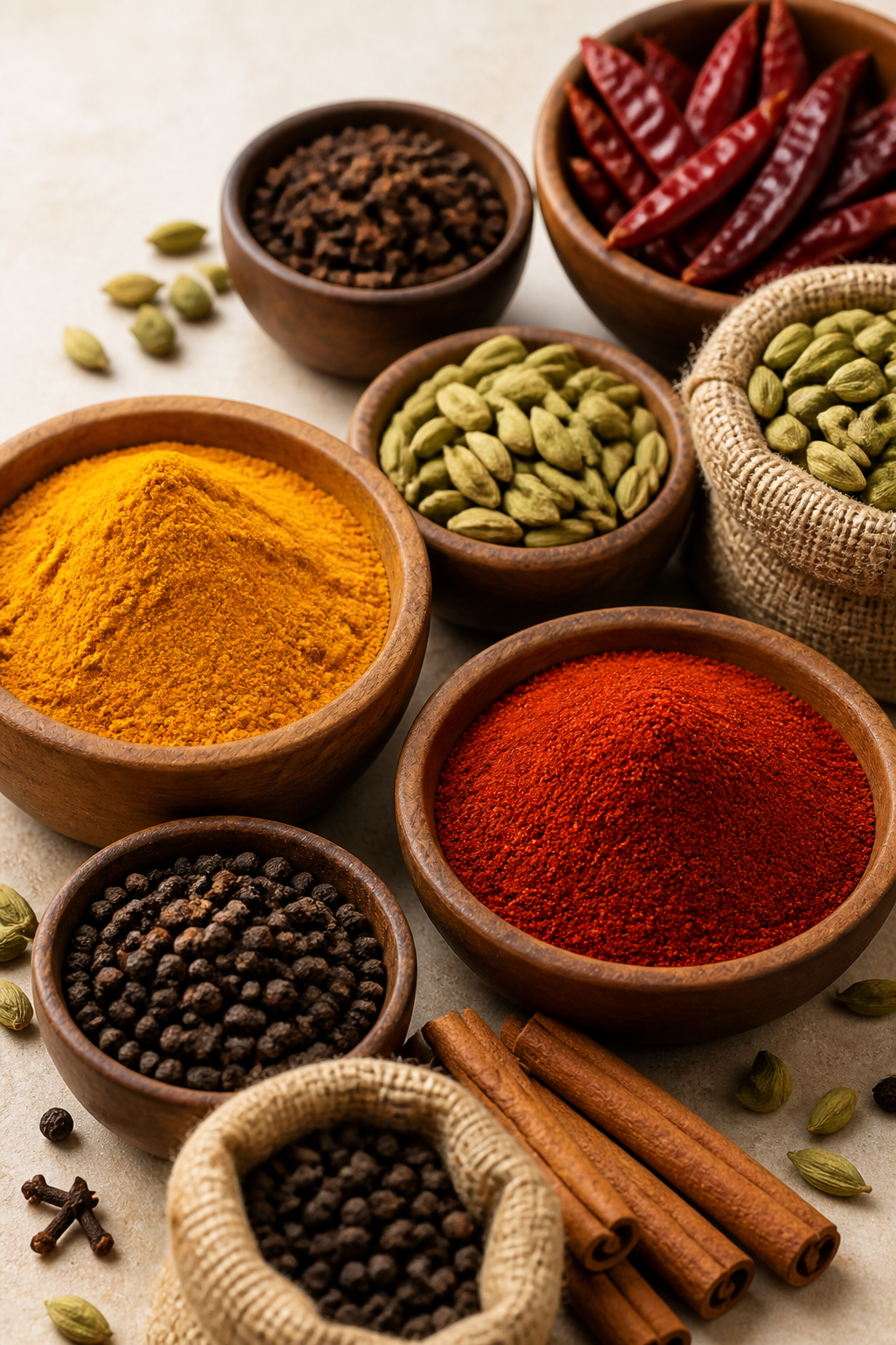 Colorful Indian spices in bowls